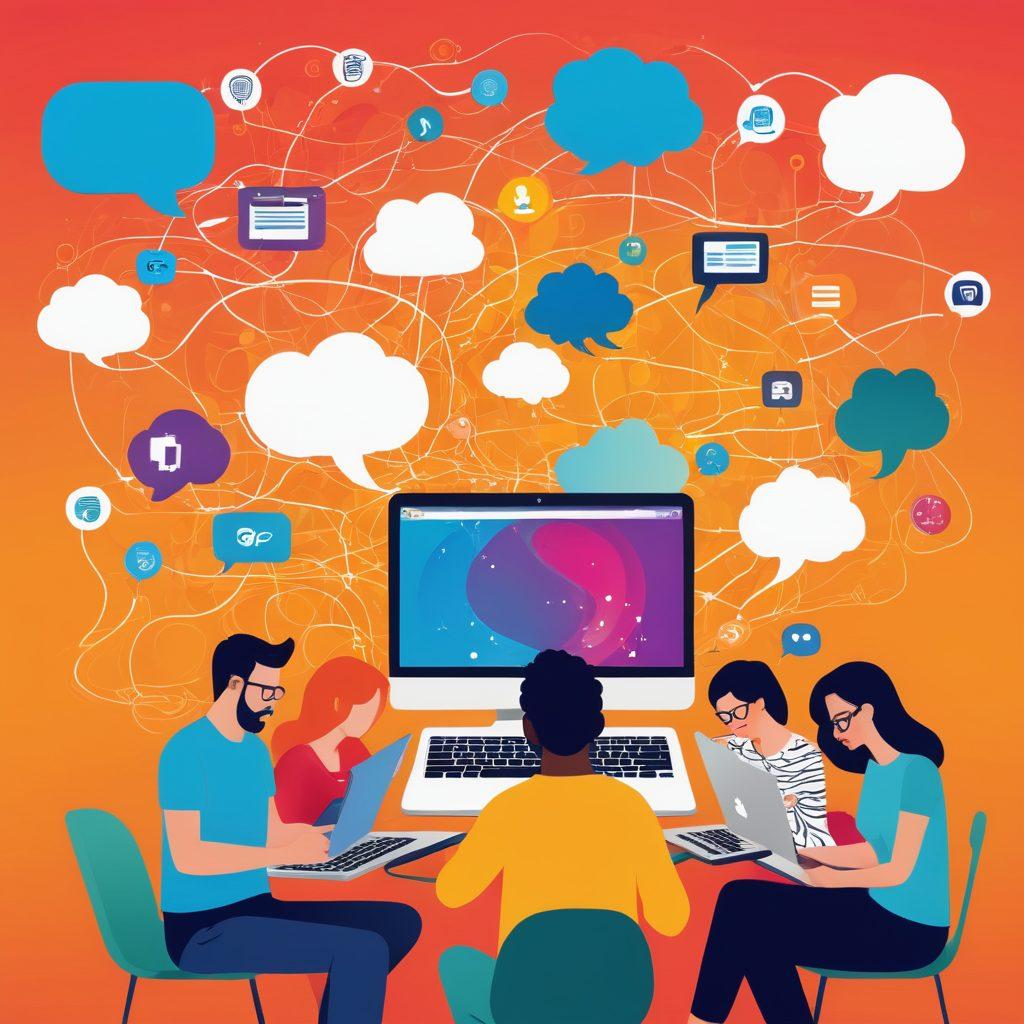 An artistic representation of a digital landscape featuring a diverse group of bloggers happily creating content on laptops and tablets. Bright, colorful thought bubbles filled with engaging content ideas and social media icons float above them. The background includes an abstract network of connections symbolizing the online presence. Emphasize a lively atmosphere with inspiring elements like notebooks, coffee cups, and creative tools scattered around. vibrant colors. modern illustration.
