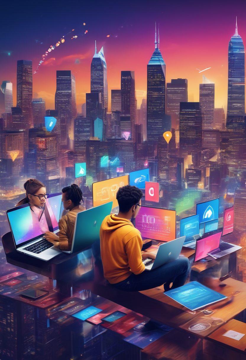A dynamic scene showcasing a diverse group of content creators passionately typing on laptops, surrounded by vibrant graphs and blog posts floating in the digital space. Above them, an upward arrow symbolizing brand elevation soars among colorful social media icons. The background features a bustling city skyline representing the digital world. super-realistic. vibrant colors. high-energy atmosphere.
