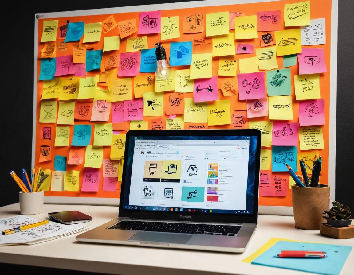 A dynamic workspace with a laptop displaying trending social media icons, surrounded by colorful sticky notes and diagrams. A light bulb symbolizing creativity illuminates the scene, while an abstract flowchart illustrates the journey of content creation. Include a diverse group of young professionals brainstorming ideas together. vibrant colors. super-realistic.